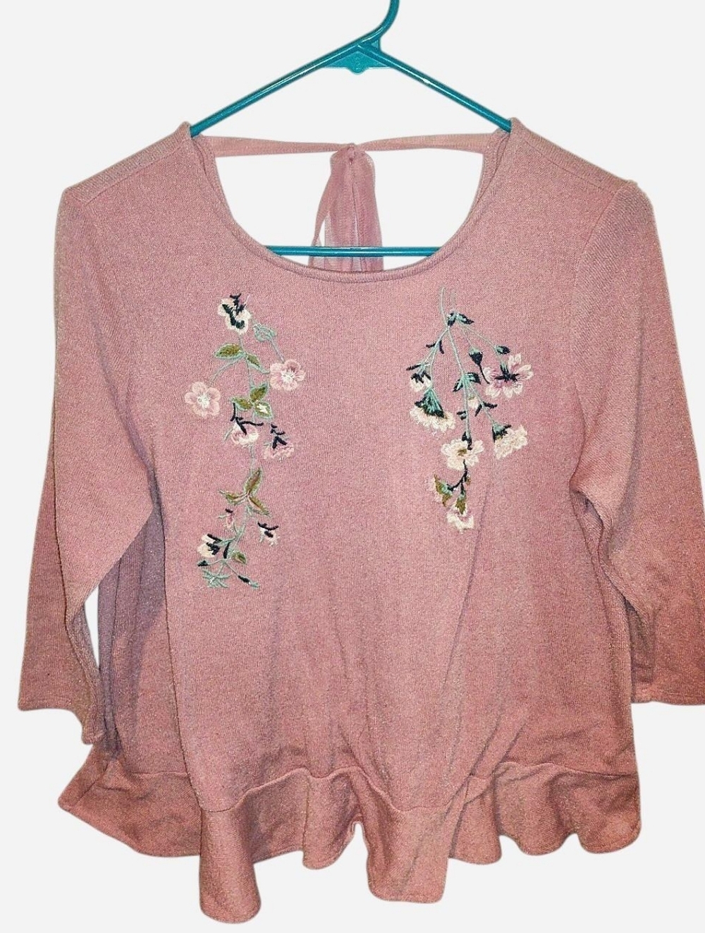 Lauren Conrad Women's Dusty Rose Embroidered Ruffle Hem Top